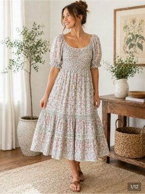 LoveShackFancy X Target Celeste Floral Mint Smocked Puff Sleeves Midi Dress